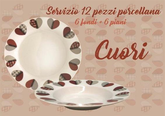 PIATTO PORCELLANA SERVIZIO 12PZ DECORO CUORI