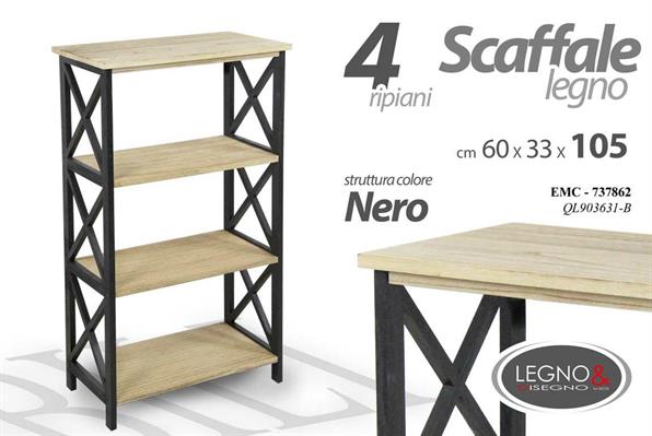 SCAFFALE LEGNO 4 RIPIANI 60 X 33 X 105 CM COLORE NERO