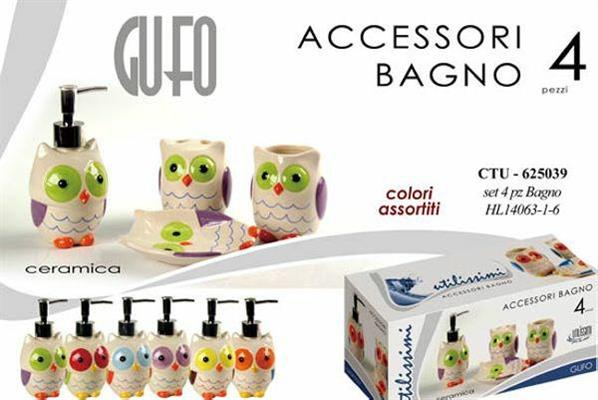 SET DA BAGNO 4PZ DECORO GUFO COLORI ASS.