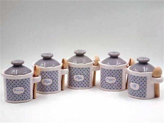 BARATTOLO TONDO IN CERAMICA CON CUCCHIAINO SET 5PZ DECORO MA