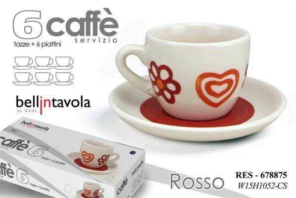 TAZZA CAFFE' CON PIATTINO CONF. 6PZ DECORO ROSSO CUORI E FIO