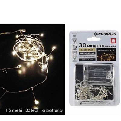 LUCI GHIRLANDA 30 MICROLED A BATTERIA 1,5 MT BIANCO CALDO