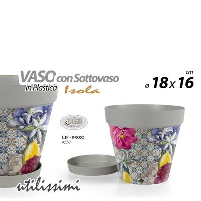 VASO IN PLASTICA DECORO ISOLA CON SOTTOVASO 18X16 CM