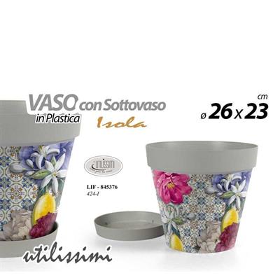 VASO IN PLASTICA DECORO ISOLA CON SOTTOVASO 26X23 CM