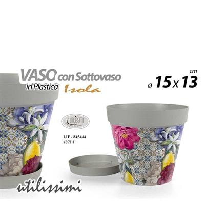 VASO IN PLASTICA DECORO ISOLA CON SOTTOVASO 15X13 CM