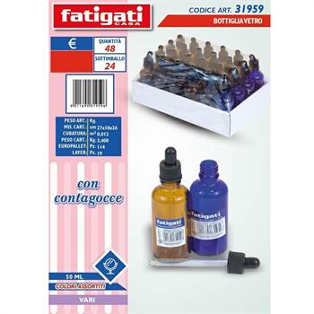 BOTTIGLIETTA VETRO CON CONTAGOCCE 50ML 2COLORI ASS.