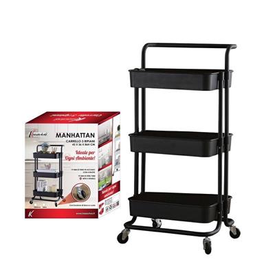 CARRELLO MANHATTAN 3 RIPIANI COLORE NERO 43 X 36 X H86 CM