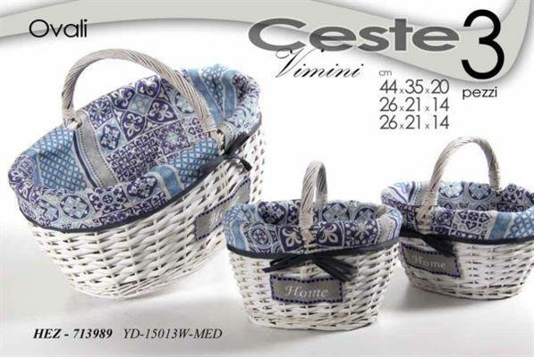 CESTO VIMINI OVALE CON MANICO E TESSUTO SET 3PZ 44X35X20/26X