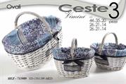 CESTO VIMINI OVALE CON MANICO E TESSUTO SET 3PZ 44X35X20/26X