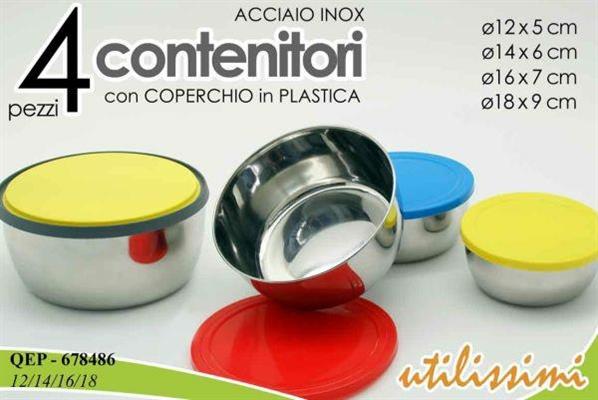 CIOTOLA ACCIAIO INOX CON COPERCHIO PLASTICA SET 4PZ