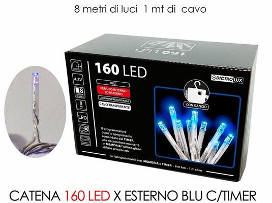 LUCI CATENA 160LED PER ESTERNO BLU CON TIMER