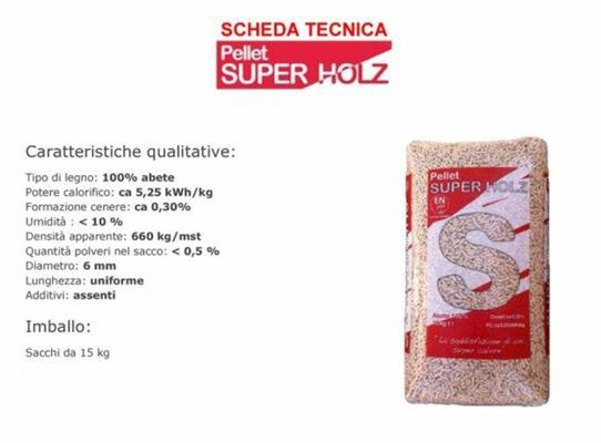 PELLET DI LEGNA DI ABETE 6 MM TIPO SUPER HOLZ 15 KG A1 EN